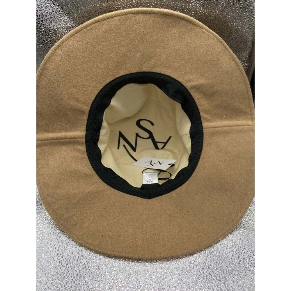 ASN Wide Brim Sun Hat Womens OS Tan Wool Blend‎ Braided Trim Floppy Fedora